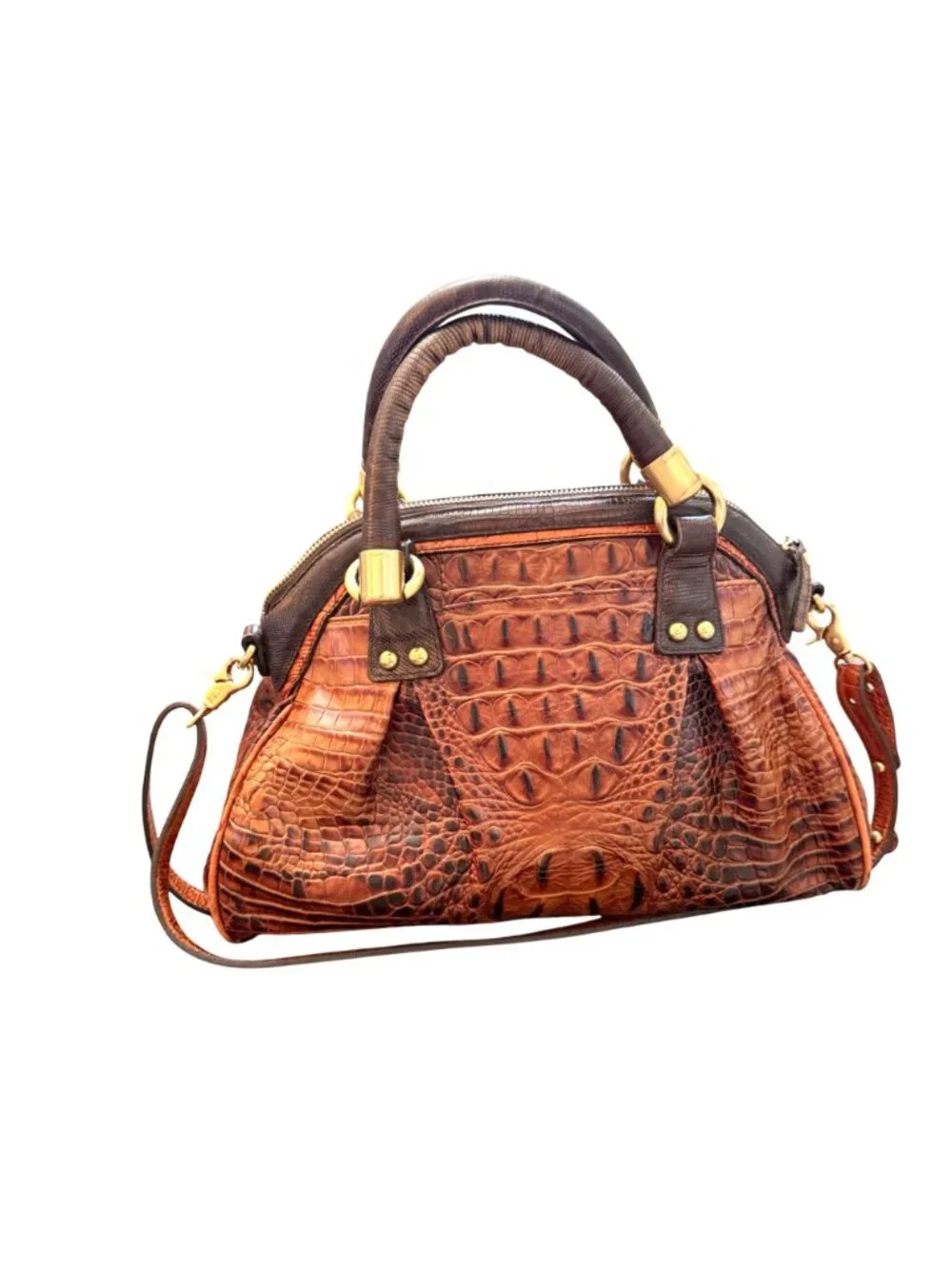 Brahmin Women's Satchel Bag Crocodile Embossed Leather Luxury Pecan Domed Lisa